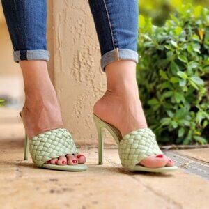 Women's Sage Green Faux Leather Slip On High Heel Sandals